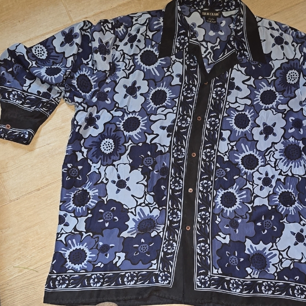 Silk Club Floral Button Down Shirt/Tunic in Blue and Black